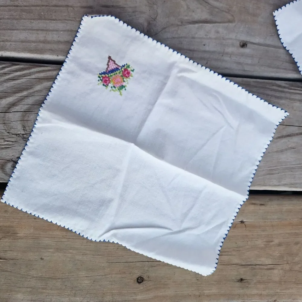 2 Vintage Cotton Handkerchief Hankie Embroidered Cross Stitch w/Flower Bouquet